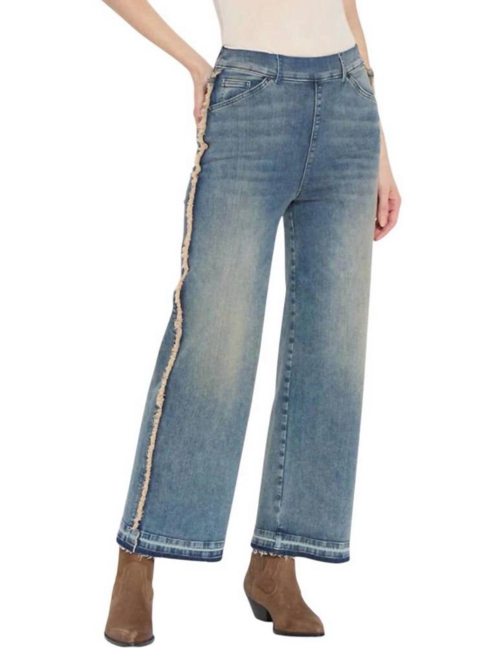 Wide leg frayed hem pull on blue jeans Small LYSSE - Picture 5 of 10